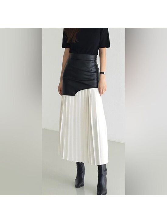 Commense Dresses & Skirts - 467. Commense Asymmetric Patchwork Faux Leather Chiffon Pleated Maxi Skirt M